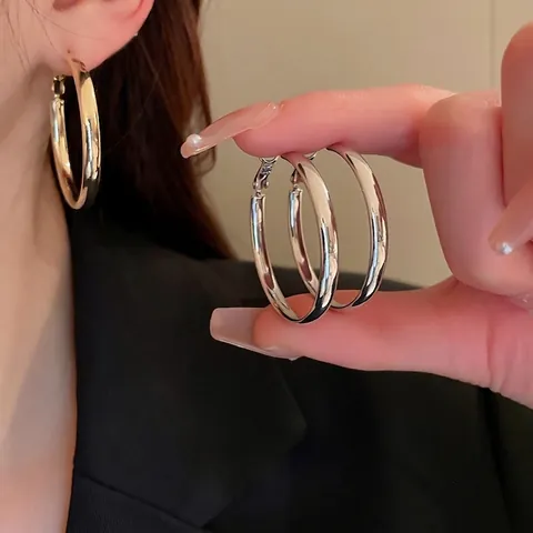 Orecchini A Cerchio In Metallo Lucido Con 925 Sterling Silver Earring Post Grandi Circolari Gioielli Di Moda Donna
