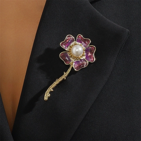 Purple Enamel Flower Brooch Alloy Faux Artificial Pearl Daisy Pin For Women Pastoral Style Floral Accessory