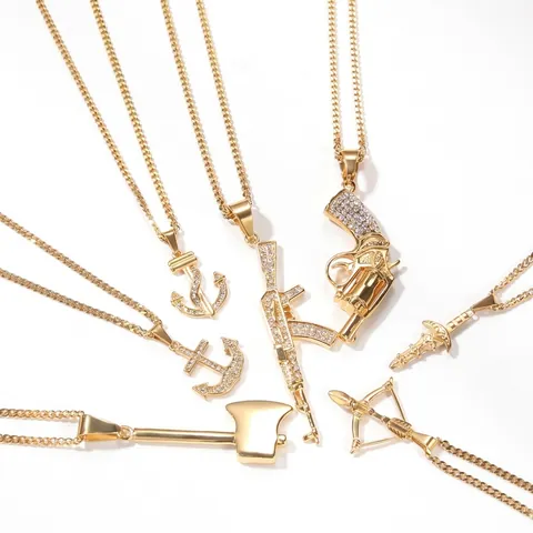 Hip Hop Pendant Necklace Stainless Steel Gold Plated Rhinestone Weapon Anchor Sword Axe AK47 Gun Arrow Style Jewelry Men