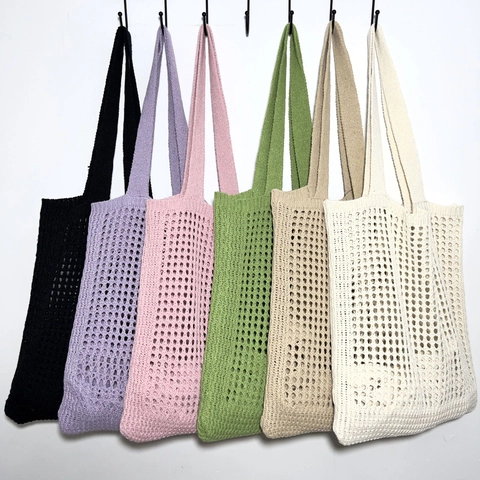 Women Knitted Tote Bag Hollow Mesh Crochet Shoulder Handbag Casual Summer Beach Vacation Polyester Large Capacity