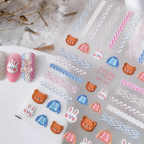Autocollants Ongles Relief 3D Motifs Ours Lapin Dessin Animé Texture Pull Tricoté Embossée Décalcomanies Adhésives DIY