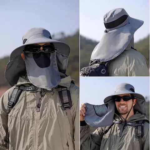 Outdoor Sun Protection Bucket Hat Polyester Wide Brim With Detachable Face Mask And Neck Flap For Fishing Hiking Men