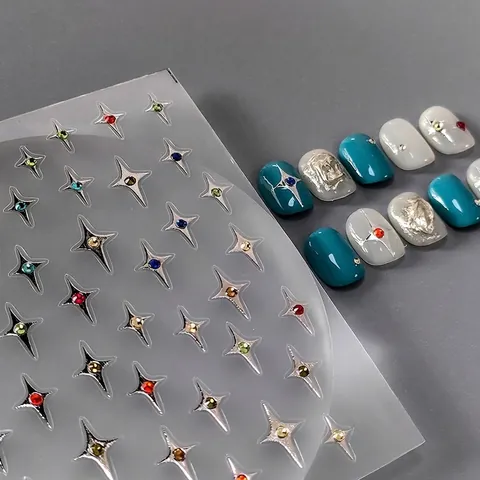5D Embossed Nail Art Stickers Colorful Rhinestone Silver Cross Star Decals Self Adhesive Manicure Decoration For Women