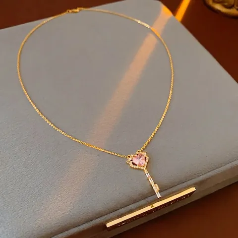 Heart Key Pendant Necklace Copper With Pink Zircon Gold Plated Sweet Light Luxury Neck Jewelry For Women