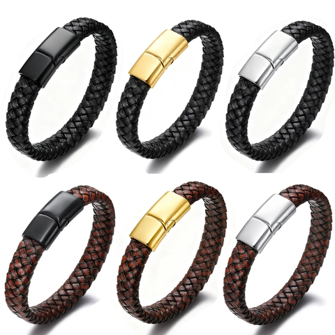 Men Bracelet Braided Leather Cord Stainless Steel Magnetic Buckle Hand-Woven Retro Punk Style Accessory
