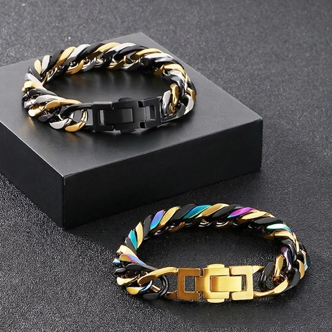 Men Cuban Link Bracelet Stainless Steel Multi Color Splicing Punk Hip Hop Polished Chain Jewelry For Men