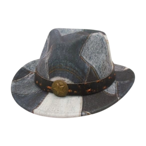 Cappello Fedora Per Bambini Vintage Denim Patchwork Western Cowboy Jazz Cap Con Fascia In Pelle Stella Rivetti Per Bambini