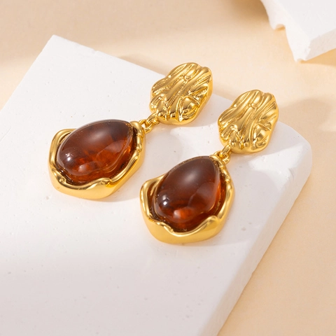Boucles D Oreilles En Acier Inoxydable Doré Vintage Pour Femmes Géométriques Irrégulières Pierre De Résine Ambre Bijoux