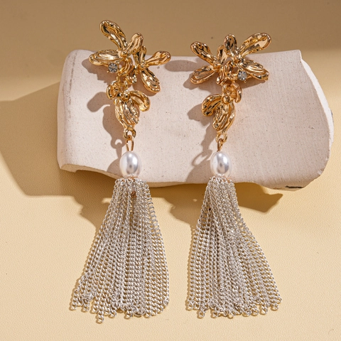 Pendientes Largos De Flor Con Borla Y Perla Artificial De Imitación Estrás Aleación Poste De Plata 925 Elegante Para Mujer