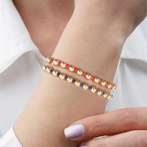 18K Gold Plated Copper Round Bead And Colorful Glass Seed Bead Elastic Bracelet For Women Stackable Bohemian Jewelry