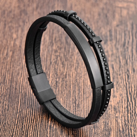 Herren Mehrlagiges Echtleder Armband Edelstahl Metallperlen Gewebtes Geflochtenes Armband Magnetverschluss Punk Stil