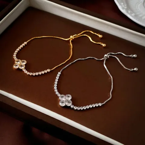 Four-Petal Flower Zircon Bracelet Elegant Copper 18K Gold Plated Adjustable Slider Clasp Luxury Jewelry For Women