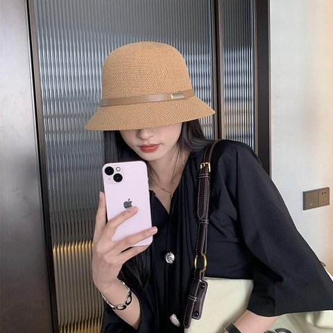 Women's Pure Cotton Knit Bucket Hat UV Protection Sunshade Fisherman Hat With Belt Metal Buckle Elegant Summer Sun Hat