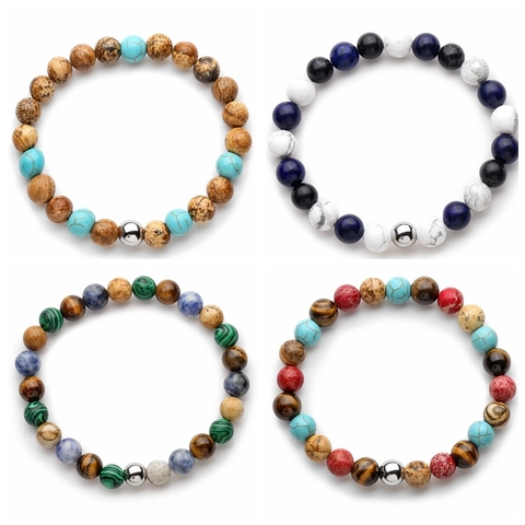 Natural Stone Beaded Bracelet Tiger Eye Lapis Lazuli Handmade Elastic Bohemian Style Jewelry Men Women Steel Bead