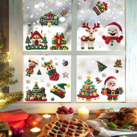 Adesivi Natalizi In PVC Statico Texture A Maglia Babbo Natale Pupazzo Di Neve Renna Per Porte In Vetro Decorazione Festiva