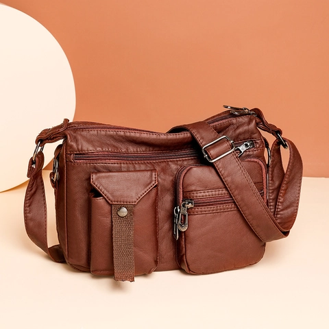 Borsa A Tracolla Da Donna Morbida Pelle PU Lavata Multitasche Grande Capacità Borsa A Spalla Retro Casual Quotidiana