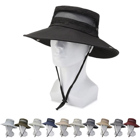 Cappello Da Sole All'aperto Tesa Larga Rete Traspirante Poliestere Asciugatura Rapida Corda Vento Regolabile Pesca Boonie Uomini