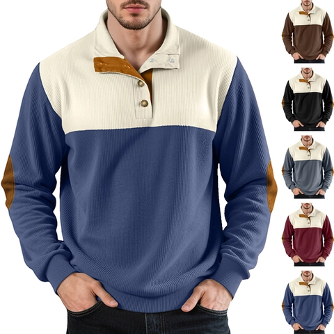 Felpa In Velluto A Coste Da Uomo Color Block Collo Con Bottoni Pullover A Maniche Lunghe Con Toppe Sui Gomiti Moda Urbana