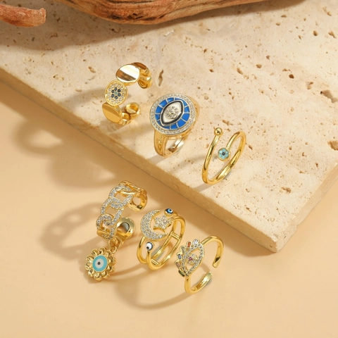 Französisch Vintage 14K Vergoldet Kupfer Böses Auge Ring Zirkonia Blume Stern Mond Offen Verstellbarer Ring Damen Schmuck