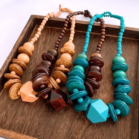 Boheme Ethnische Holzkette Mit Kokosnuss Geometrischem Anhänger Vintage Handgefertigte Lange Kette Für Damen