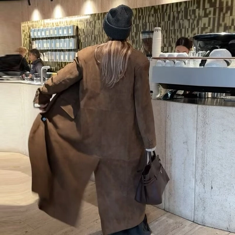 Damen Langer Trenchcoat Wildlederimitat Doppelreihig Revers Lose Mantel Britischer Stil Herbst Winter Jacke