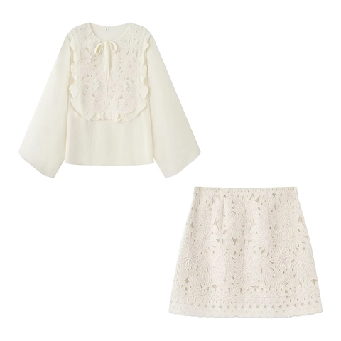 Dames Casual Kant Borduurwerk Lange Mouwen Ruffle Veters Top en Mini Bodycon Rok Elegante Zomer Witte Outfit