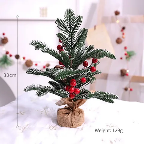 Mini Albero Di Natale Artificiale Decorazione Da Tavolo Con Bacche Rosse Pigne Base In Juta Ornamento Invernale
