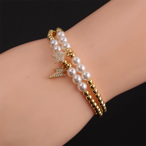 Bracciale Di Perline Di Rame E Künstliche Perle Imitazione Con Ciondolo Stella Fulmine Zircone Gioielli Alla Moda Donna