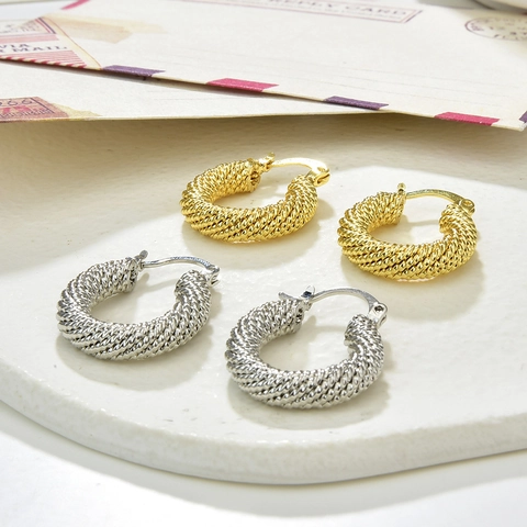 Orecchini A Cerchio Retro Corda Intrecciata Vintage Geometrici Cavi Forma O Rame Placcato Oro 18K Gioielli Donna