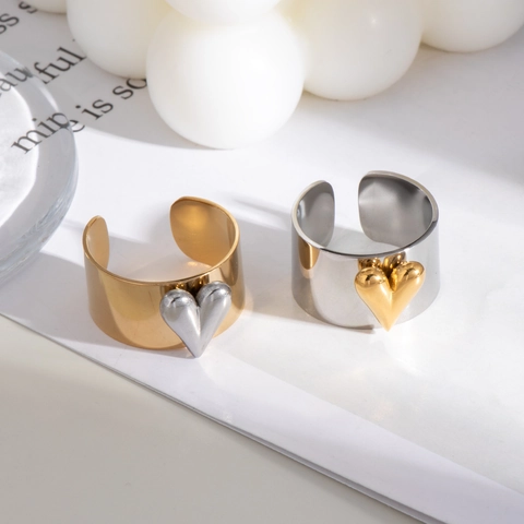 Herz Offener Ring Edelstahl Zweifarbig Gold Silber Verstellbar Minimalistischer Modeschmuck Für Damen