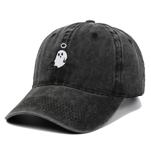 Ghost Embroidery Washed Cotton Baseball Cap Vintage Distressed Adjustable Outdoor Sun Hat Unisex