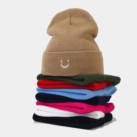 Knitted Beanie Hat Acrylic Warm Cuffed Smiley Face Embroidery Casual Streetwear For Men Women Solid Color