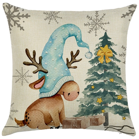 Weihnachts Kissenbezüge Leinen Dekorative Kissenhüllen Xmas Rentier Gnome Feiertag Heimdeko Quadratisch Türkisblau