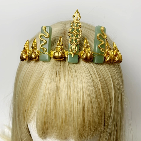 Cerchietto Corona Cristallo Avventurina Verde Metallo Dorato Serpente Teschio Corvo Gotico Strega Tiara Accessori Capelli