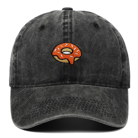 Washed Cotton Baseball Cap With Donut Embroidery Adjustable Sun Protection Outdoor Retro Casual Dad Hat For Men Women