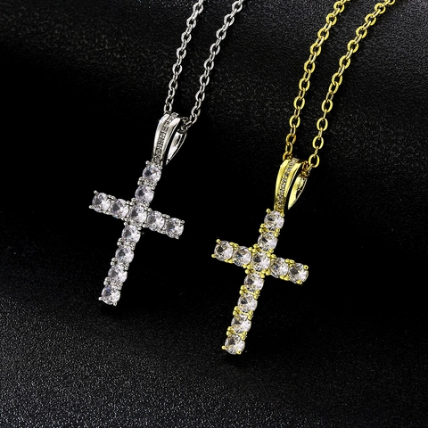 Collana con Pendente a Croce in Acciaio Inossidabile Rame Zirconia Per Uomo Donna Moda Gioielli Hip Hop Oro Colore Acciaio
