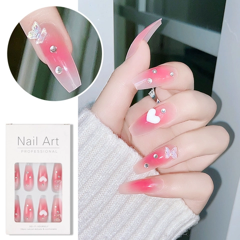Long Coffin Press On Nails Pink Gradient Artificial False Nails With Rhinestone Butterfly Heart Decoration DIY Manicure Fashion