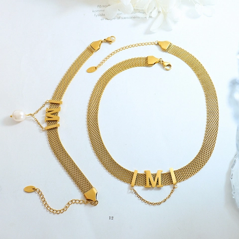 Titanium Steel Necklace And Bracelet Gold Plated Letter M Mom Pendant Freshwater Pearl Mesh Chain Trendy Jewelry For Women