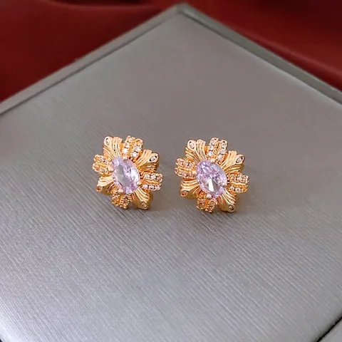 Vintage Purple Zircon Flower Stud Earrings 18K Gold Plated Copper Rhinestone With Silver Earring Post Elegant