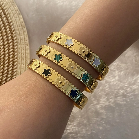 Damen Armreif Edelstahl Vergoldet Vintage Kleeblatt Blume Inlay Eleganter Trendiger Schmuck
