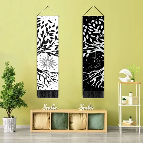 Arazzo Bohemien Farfalla Luna Decorazione Parete Cotone Lino Con Nappe Arredamento Mistico Striscione Verticale
