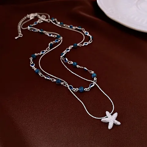 Collana A Doppio Strato Con Ciondolo A Stella Marina Rame Zircone Perle Blu Tema Oceano Gioielli