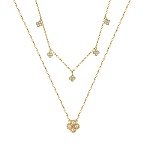 925 Sterling Silver Double Layer Necklace With Freshwater Pearl Four Leaf Clover Pendant Zirconia Inlaid Elegant Women Jewelry