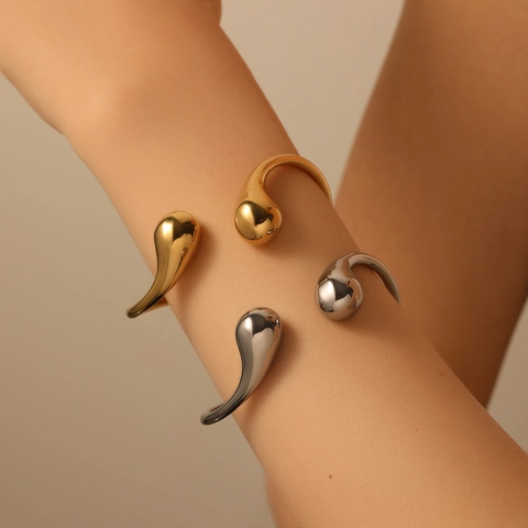 Cuff Bracelet Stainless Steel Open Bangle Minimalist Teardrop Waterdrop End Solid Mirror Polished Jewelry For Women