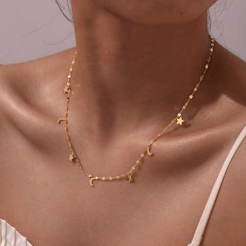 Ster Maan Hanger Ketting Roestvrij Staal Verguld Minimalistische Hemelse Sieraden Mode Accessoires Voor Dames