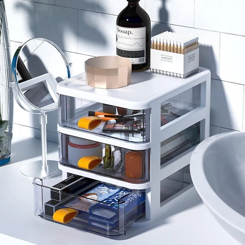 Plastic Desktop Drawer Organizer Transparent Tiers Storage Box With Orange Handles For Office Stationery And Cosmetics