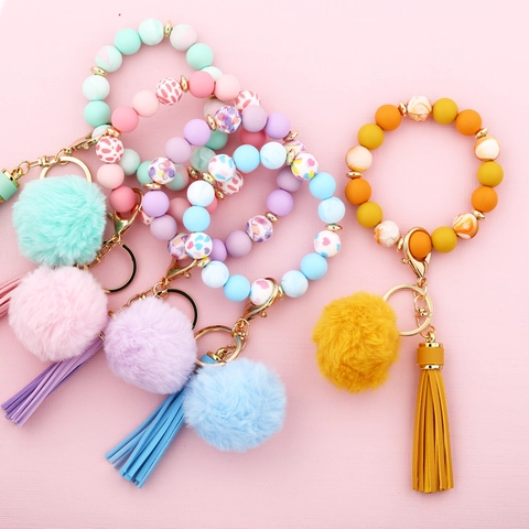 Böhmischer Silikonperlen Armband Schlüsselanhänger Für Damen Mit Kunstfell Pompon Und Quaste Gold Legierung Schlüsselring Armband