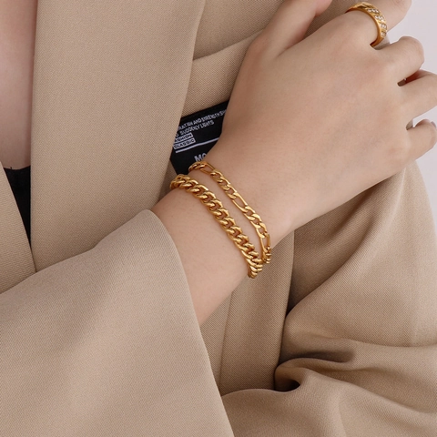 Pulsera De Doble Capa De Acero Inoxidable Para Mujer Cadena De Eslabones Cubanos Y Cadena Fígaro Joyería Moda Minimalista