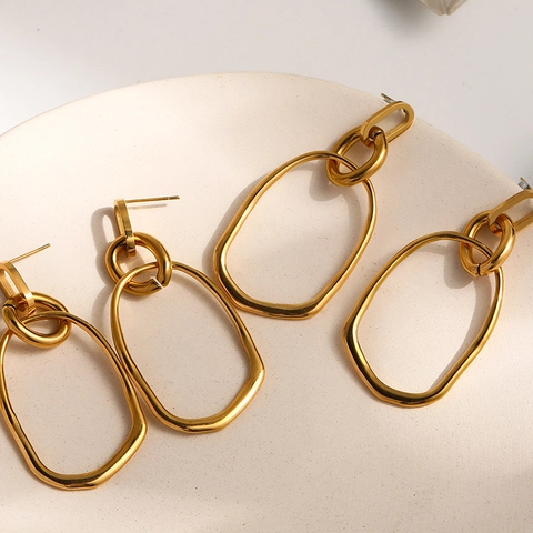 Geometrische Dubbele Ovale Ring Hangoorbellen Roestvrij Staal 18K Verguld Minimalistisch Punk Lange Holle Voor Vrouwen