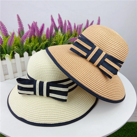Cappello Di Paglia Donna Sole Tesa Larga Fiocco Pieghevole Spiaggia Estate Elegante